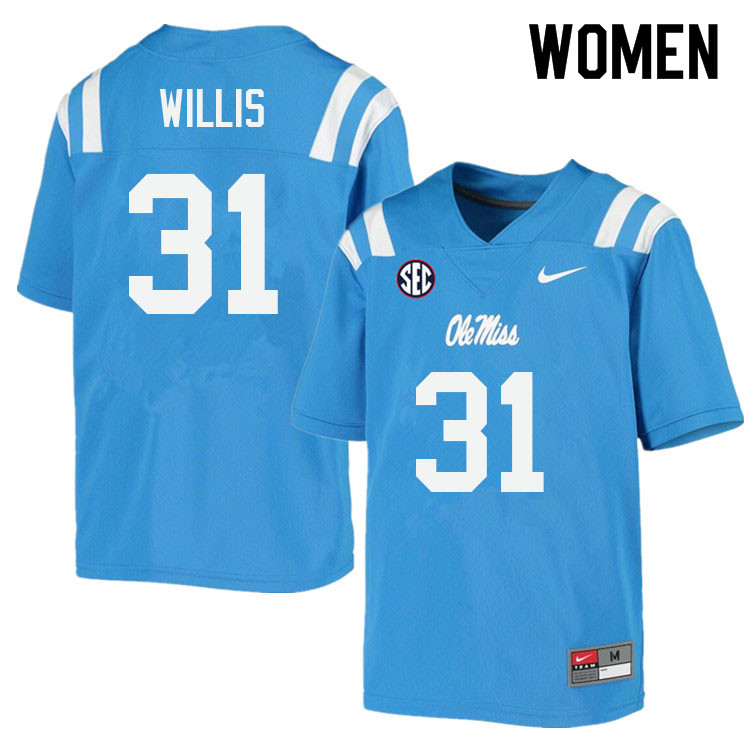 Women #31 Jaron Willis Ole Miss Rebels College Football Jerseys Sale-Power Blue